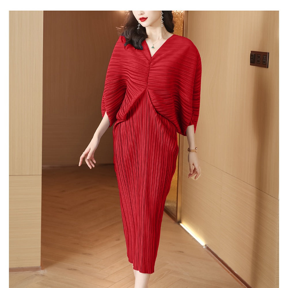 Midi Dress with Pleated Batwing Sleeves for Women - Lina
