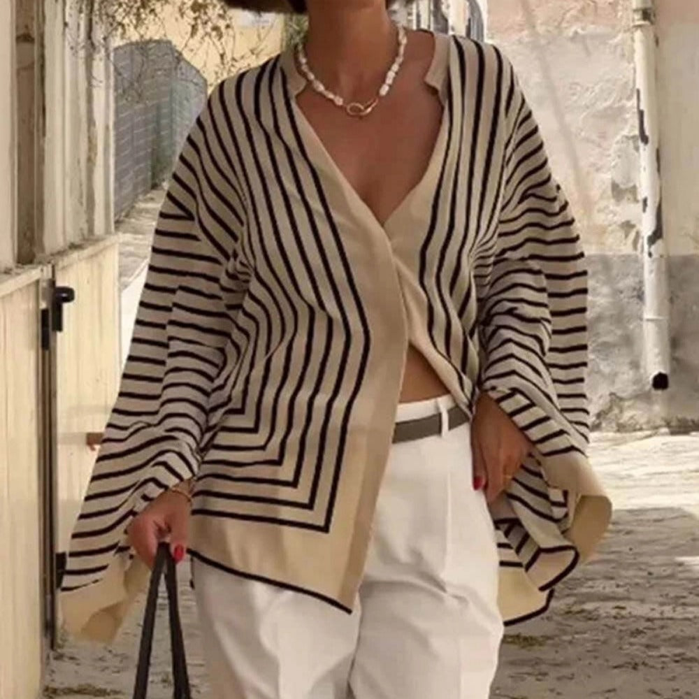 Beige Black Striped Long Sleeve Button Down Shirt for Women - Edvige