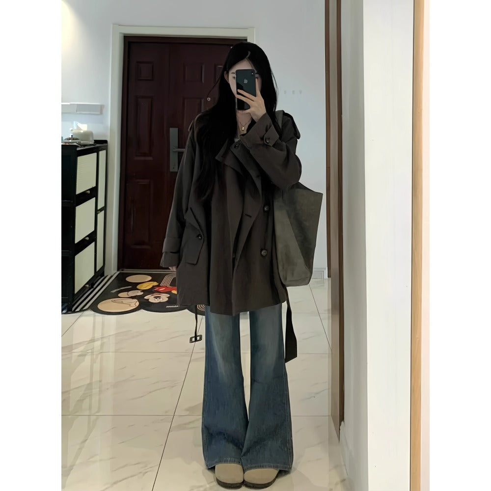 Dark Gray Oversized Double Breasted Trench Coat for Women - Aurora