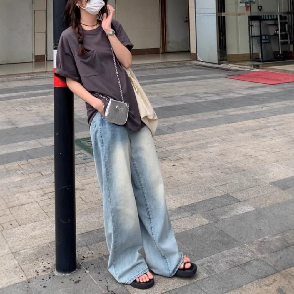 Light Blue Wide Leg Jeans with Faded Wash for Women - Anna