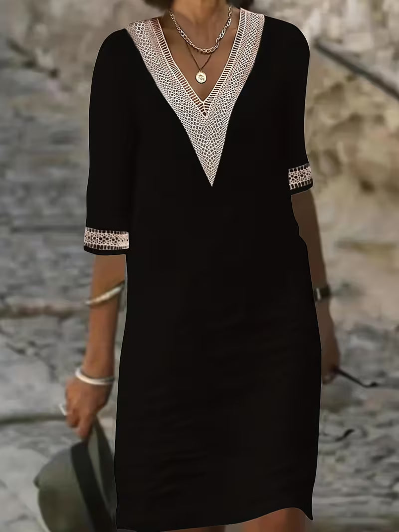 Women's Boho V-Neck Shift Dress | with 3/4 Sleeves