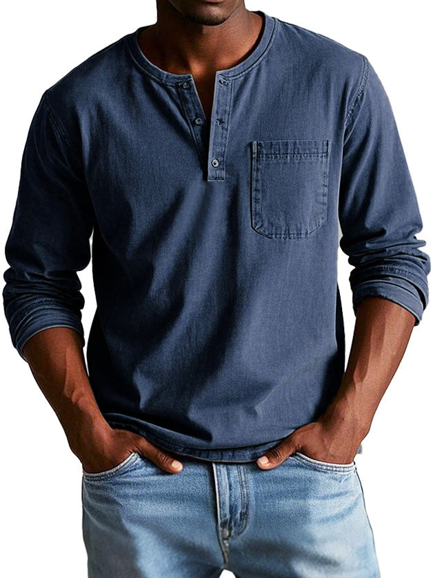 Men's Long Sleeve Henley Tee with Chest Pocket