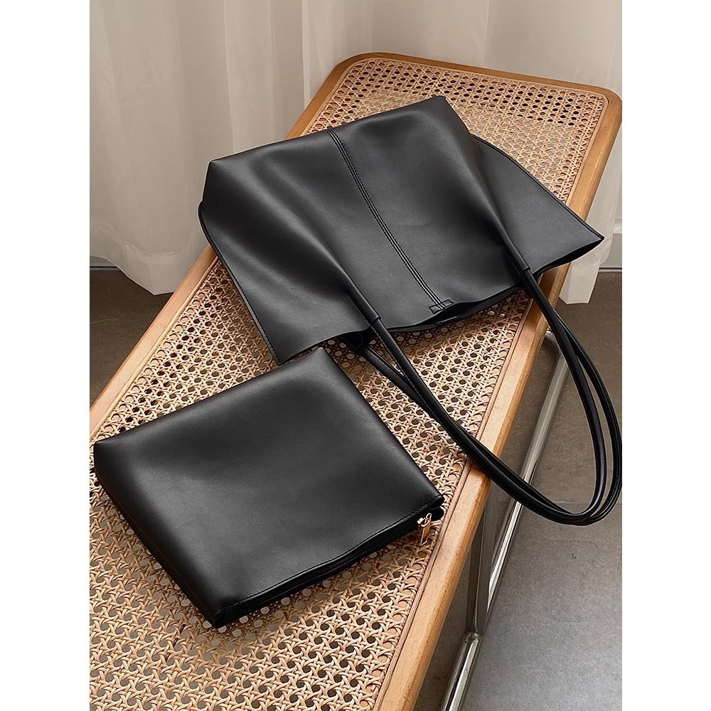 Black Faux Leather Large Shoulder Tote Bag for Women - Rebecca