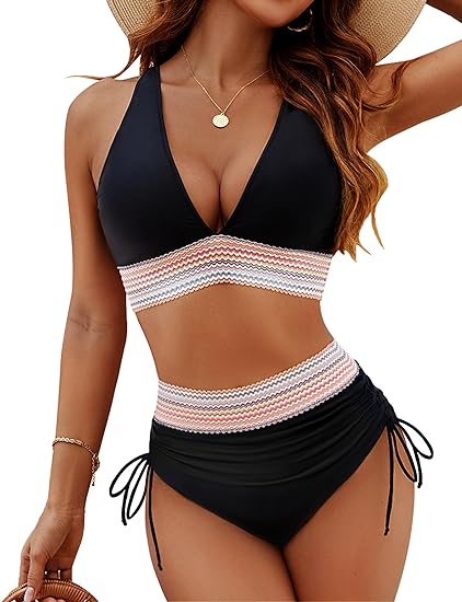 Women's High Waist Two-Piece Color Block Bikini Set