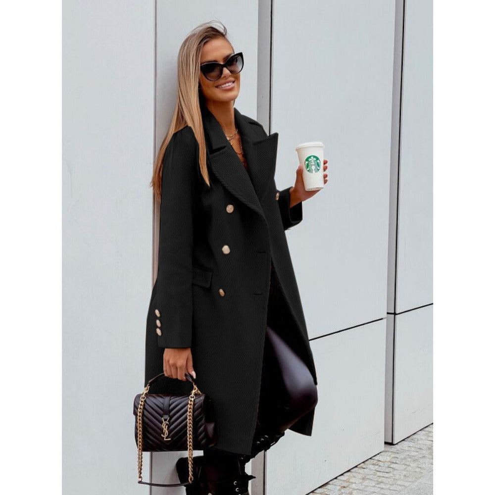 Double Breasted Long Coat with Buttons for Women - Elvira