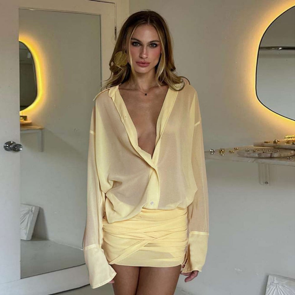 Sheer Long Sleeve Mini Dress for Women - Anastasia