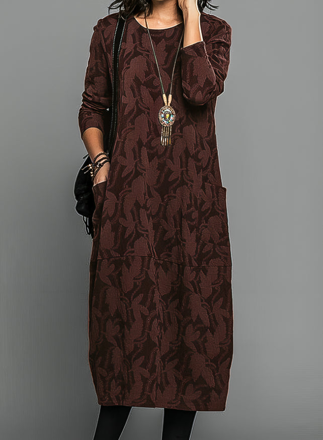 Floral Round Neck Midi Dress for Women | Long Sleeves