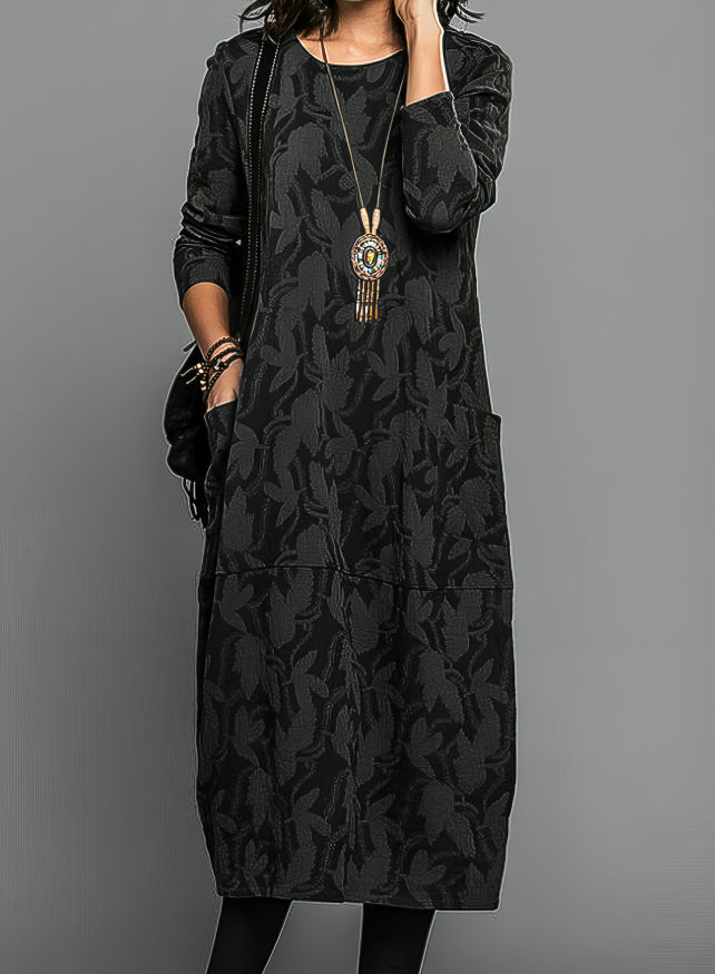 Floral Round Neck Midi Dress for Women | Long Sleeves