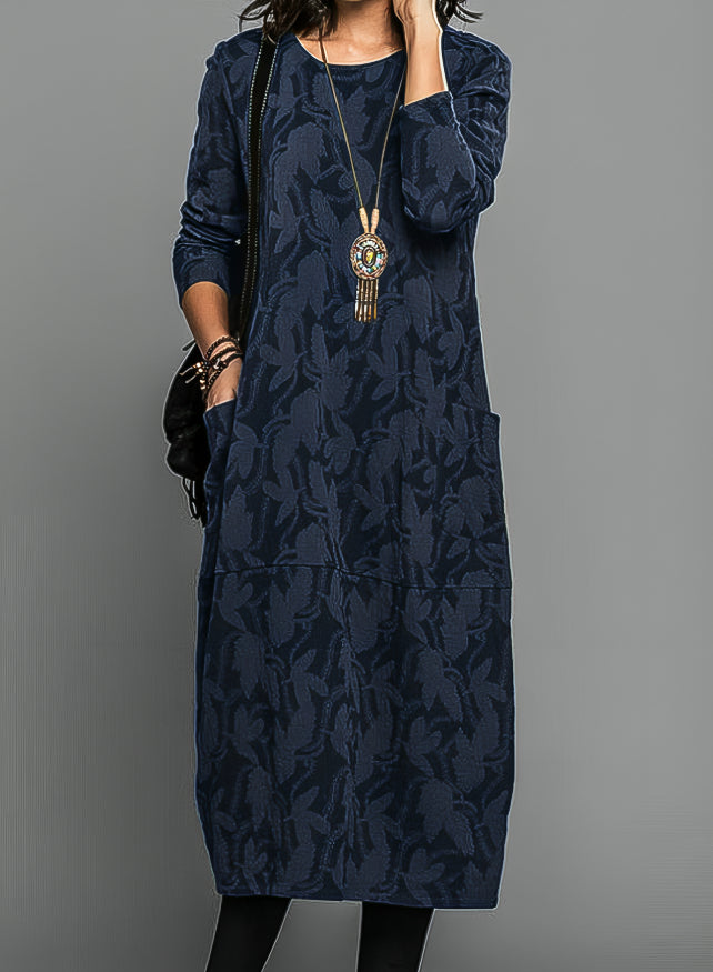 Floral Round Neck Midi Dress for Women | Long Sleeves
