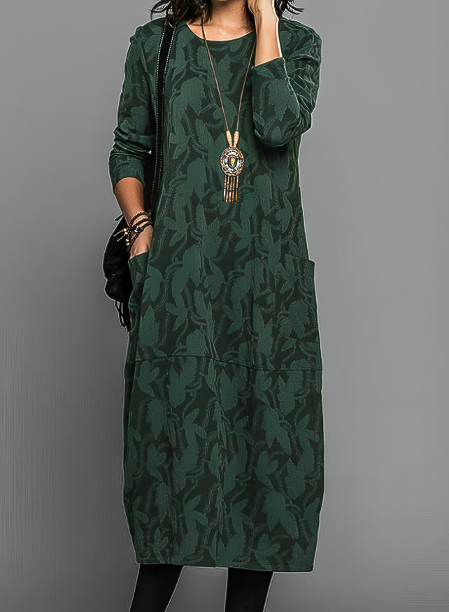 Floral Round Neck Midi Dress for Women | Long Sleeves
