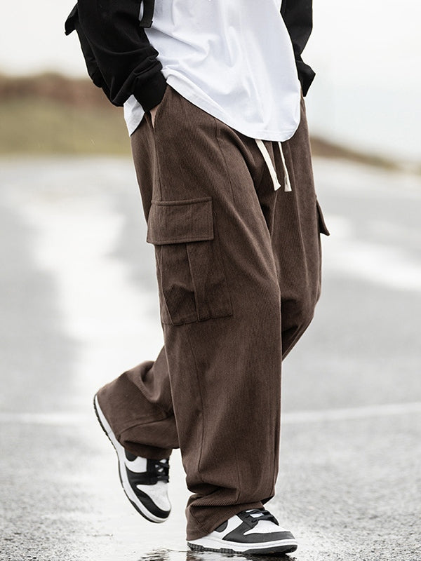 Brown Vintage Men's Corduroy Flap Pocket Lace Up Cargo Pants