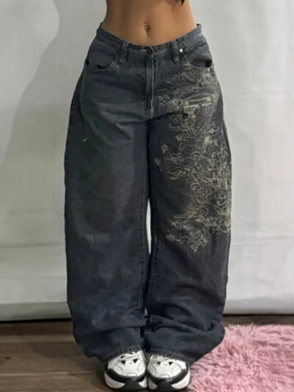 Retro High Street Wide Leg Boyfriend Jeans in Black