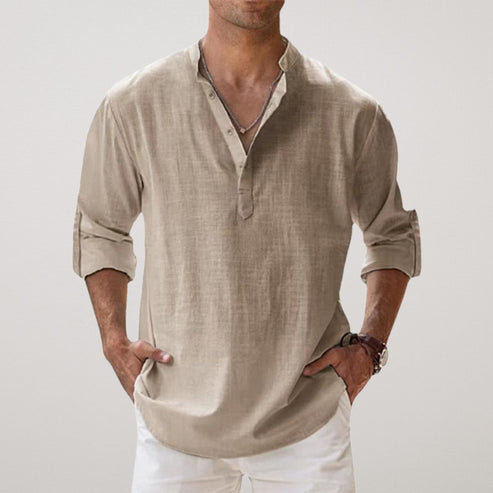 Men's Summer Casual Linen Henley Shirt | Long Sleeve