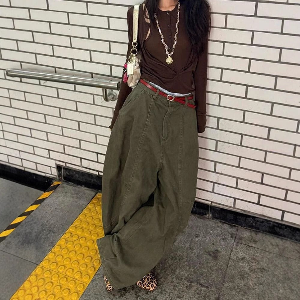 Olive Green Wide Leg Jeans with Loose Fit for Women - Adelaide