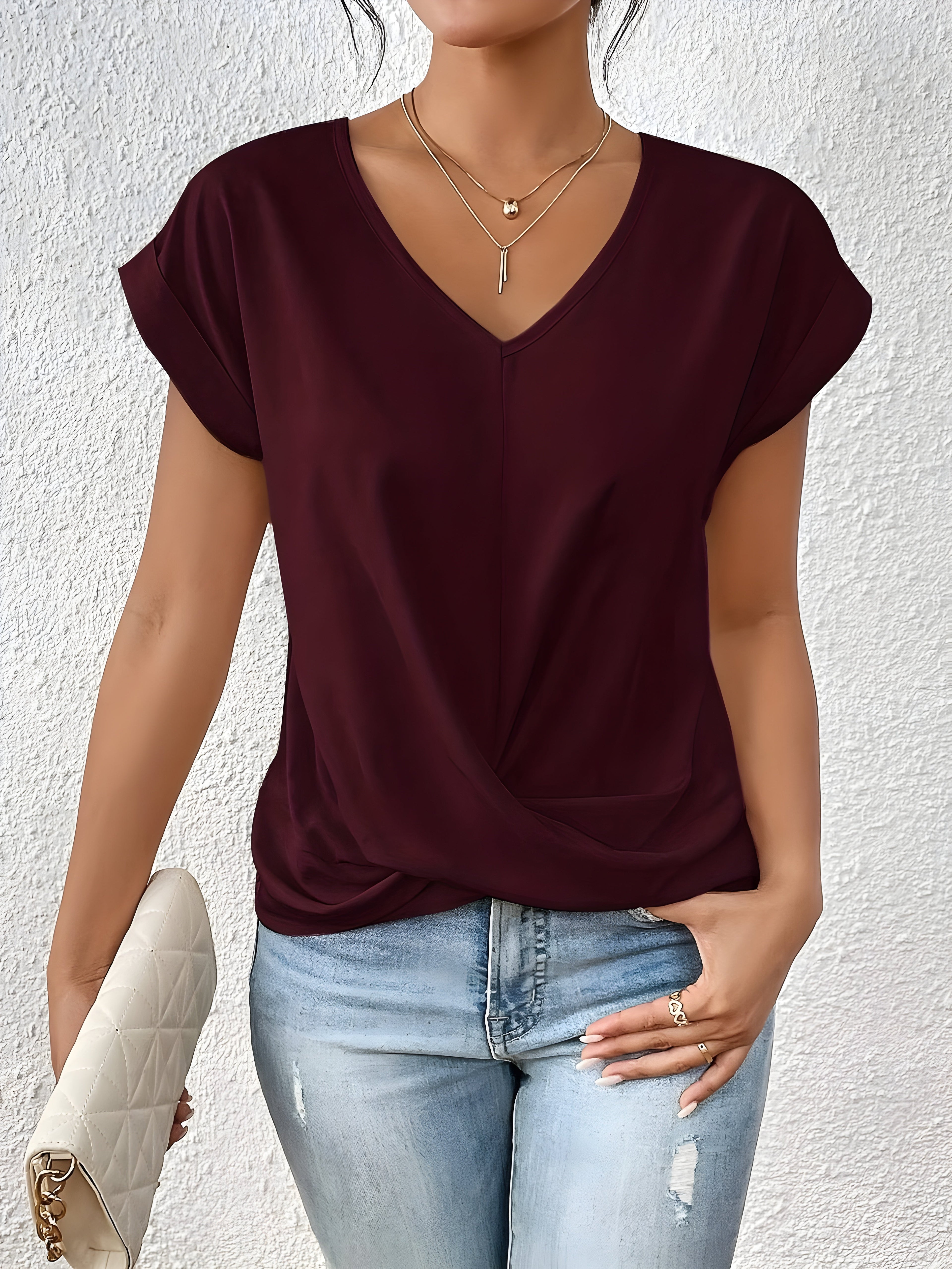 Solid V-Neck T-Shirt for Women | Short Sleeve