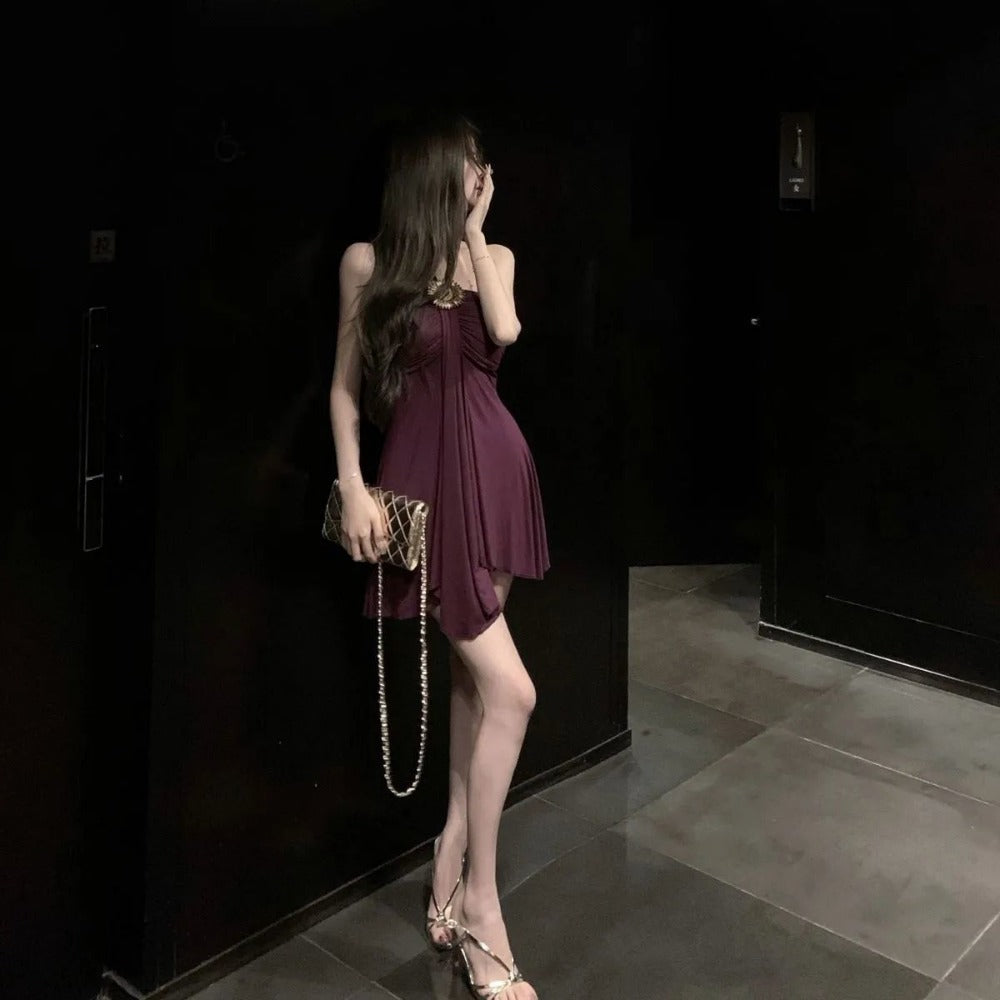 Wine Red Halter Mini Dress for Women - Isabella
