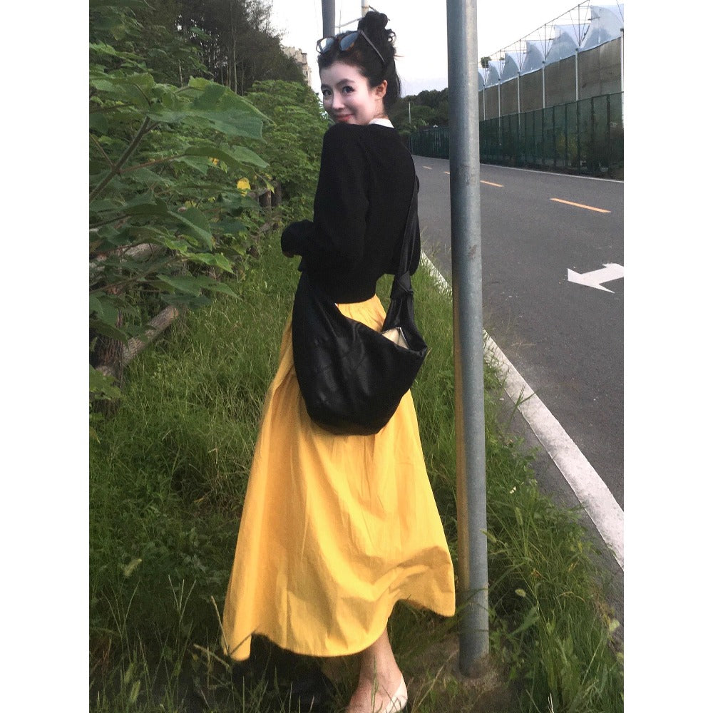 Yellow High Waist Maxi Skirt with Pleats for Women - Rosa