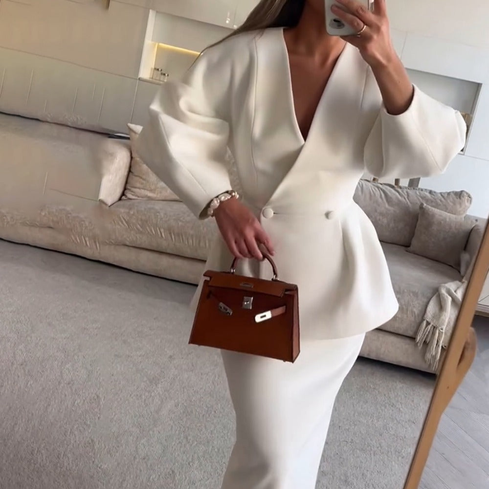 Blazer with Peplum Detail and Matching Skirt Set for Women - Debora