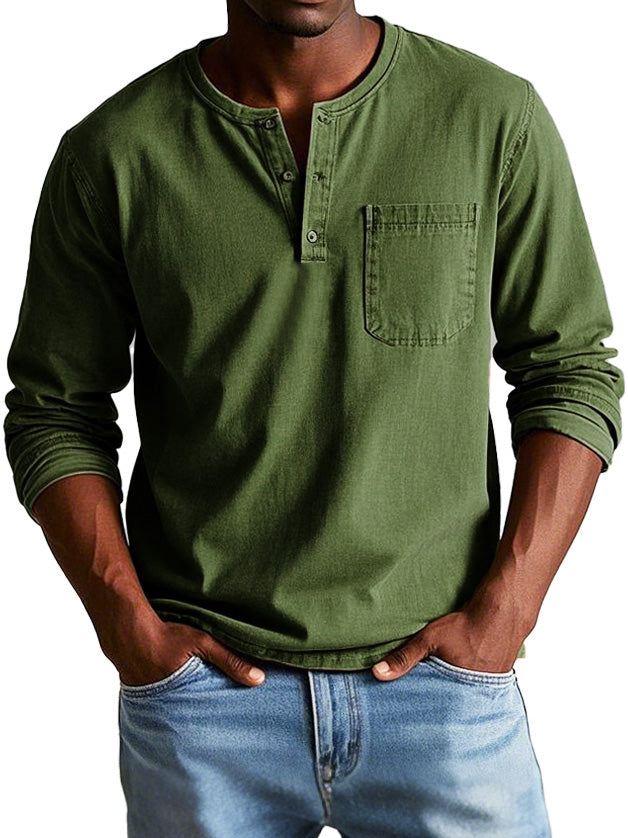 Men's Long Sleeve Henley Tee with Chest Pocket