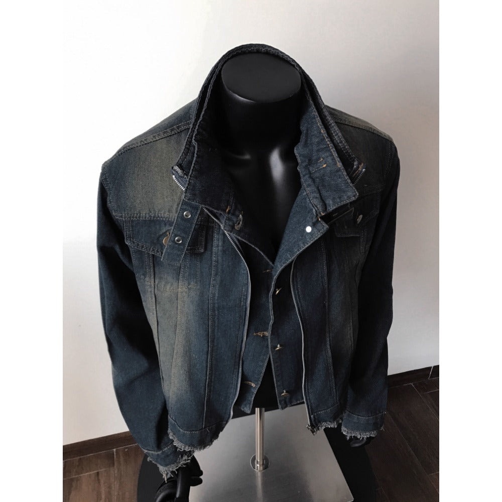 Dark Blue Denim Jacket with Frayed Hem for Men and Women - Diana