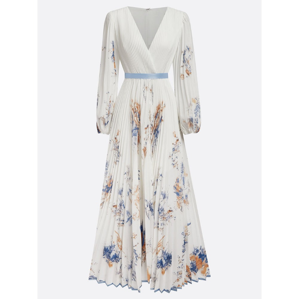 Floral Print Pleated Maxi Dress with Long Sleeves for Women - Gelsomina