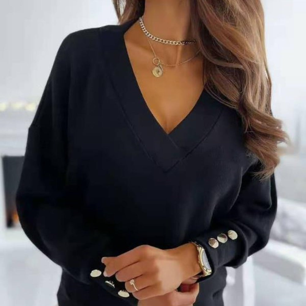 V-Neck Sweater with Button Sleeves for Women - Antonella