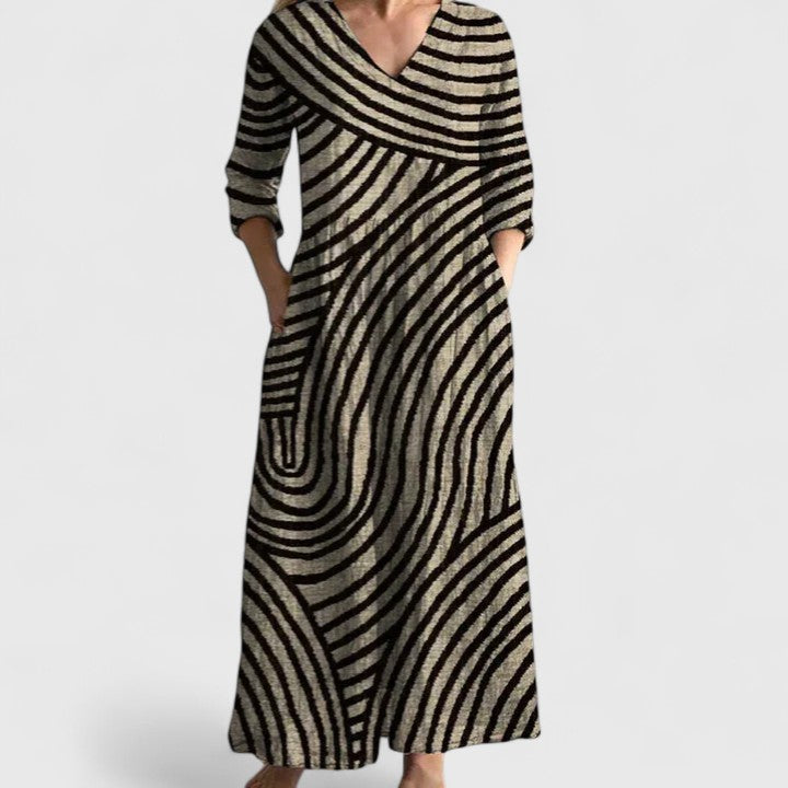 Women's Abstract Geometric Stripe Maxi Dress | V-Neck