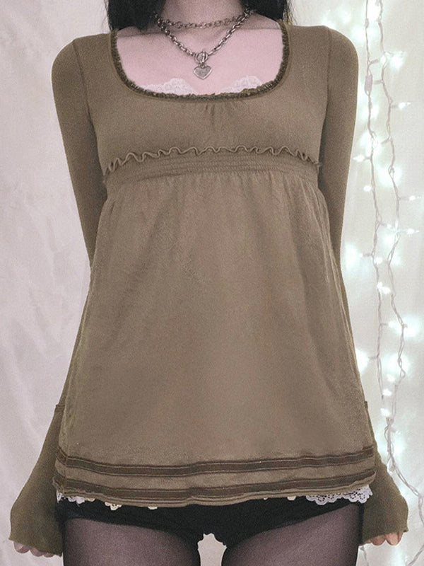 Brown Vintage Square Collar Stitching Long Sleeve Tee