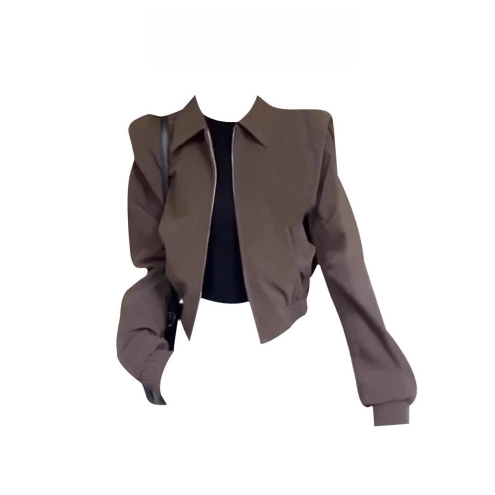 Brown Cropped Zip Up Jacket with Long Sleeves for Women - Ester