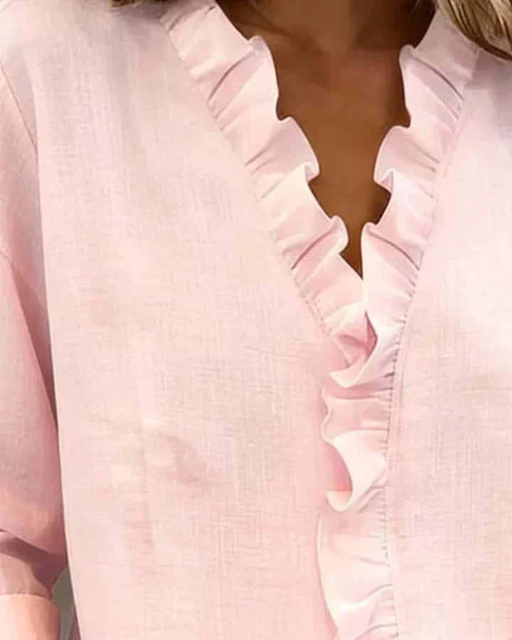 Women's Long Sleeve Ruffle V-Neck Blouse | Loose Fit