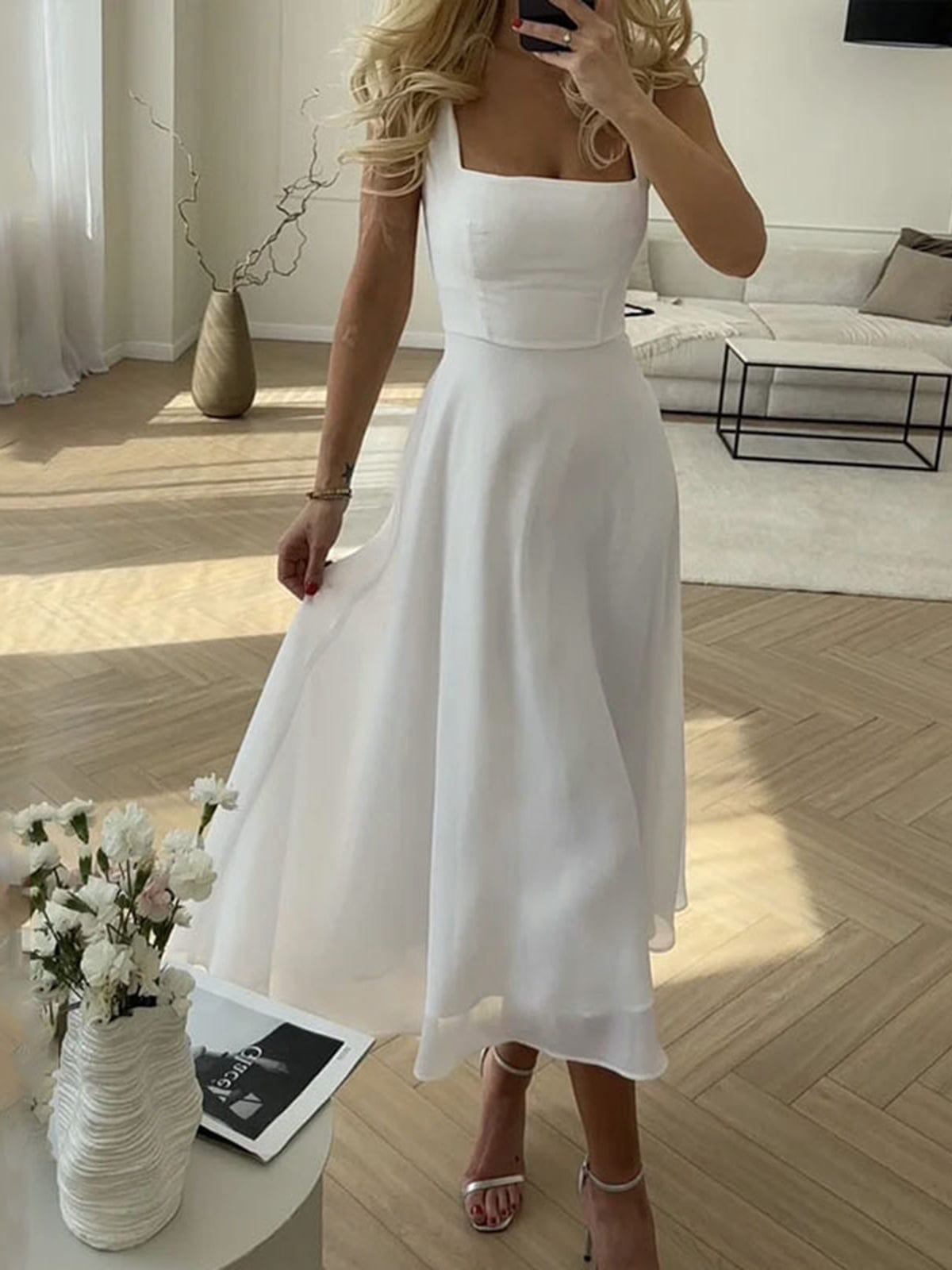 Women's Sleeveless Midi Dress | Square Neck A-Line Style