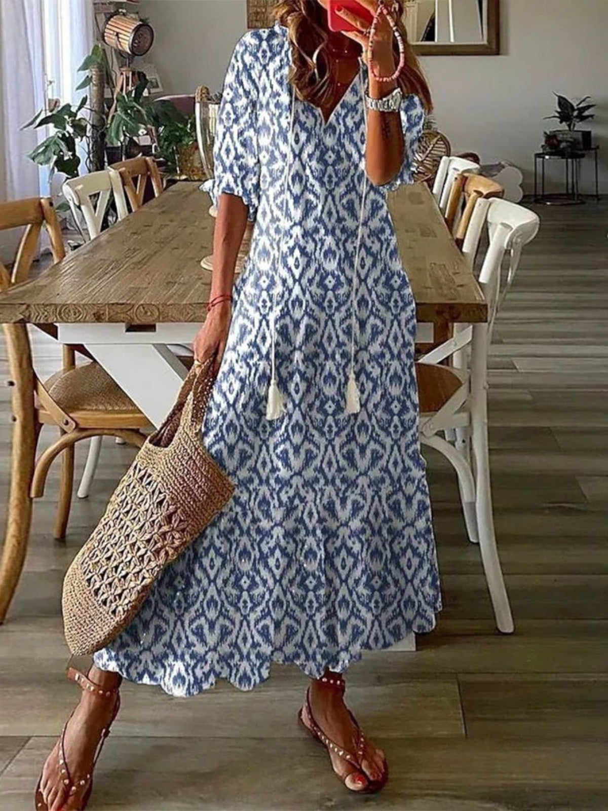 Women's Boho V-Neck Summer Maxi Dress | with Ruffle Half Sleeves