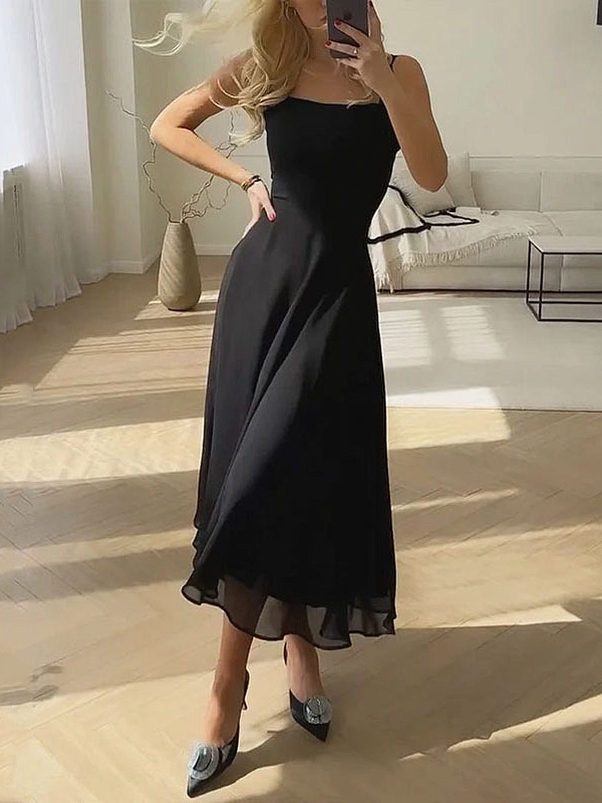 Women's Sleeveless Midi Dress | Square Neck A-Line Style