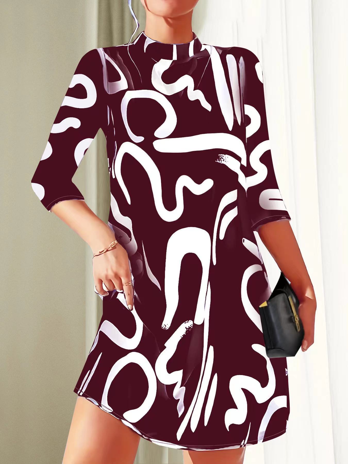 Casual Loose-Fitting Stand Collar Dress for Women | 3/4 Sleeves