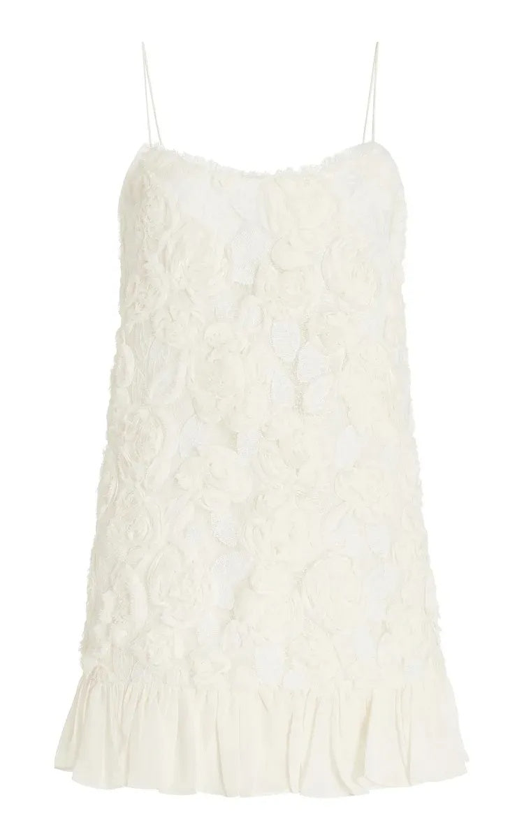 White Floral Mini Dress with Ruffled Hem for Women - Linda