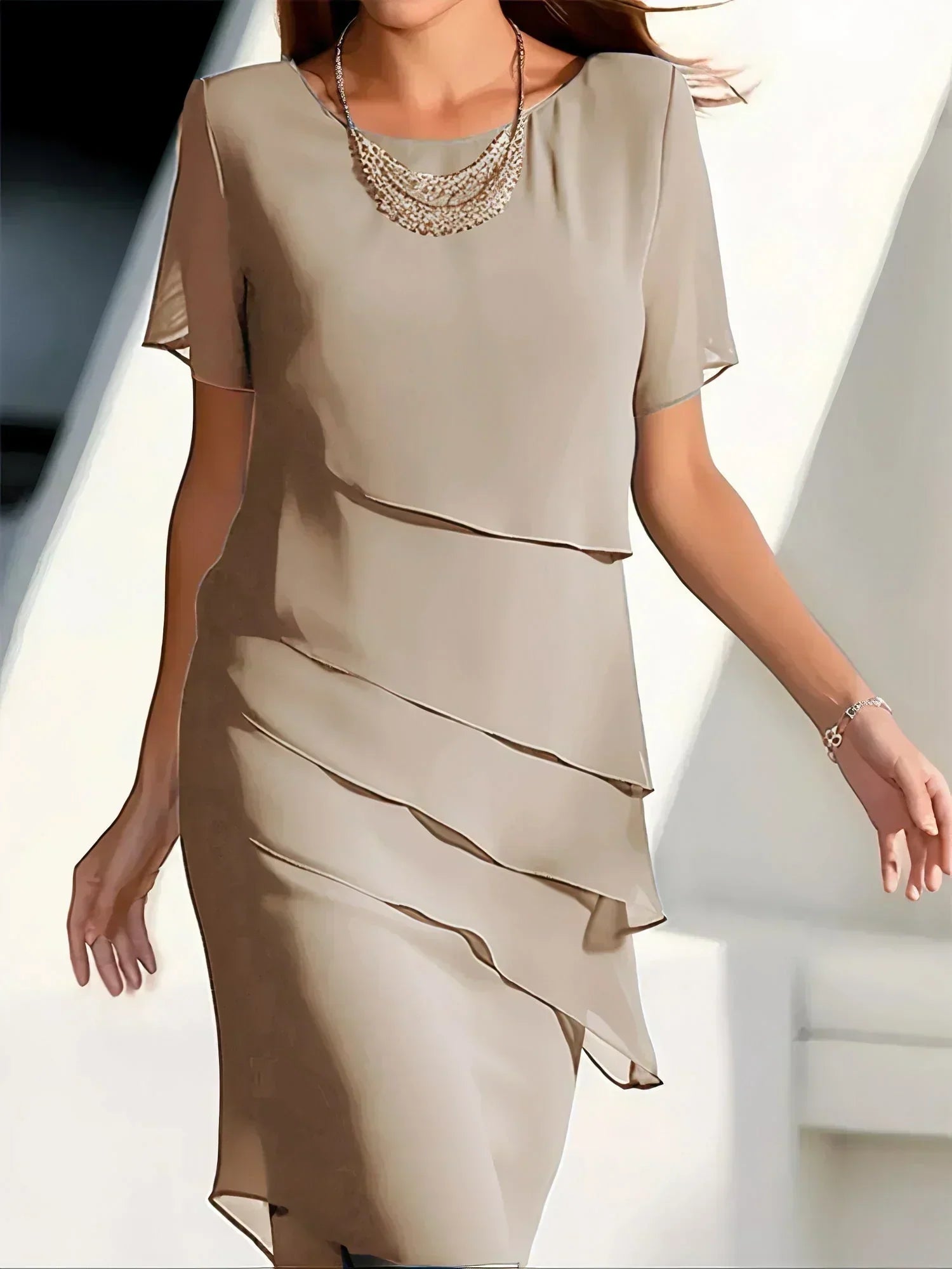 Layered Midi Cocktail Dress for Women with Short Sleeves