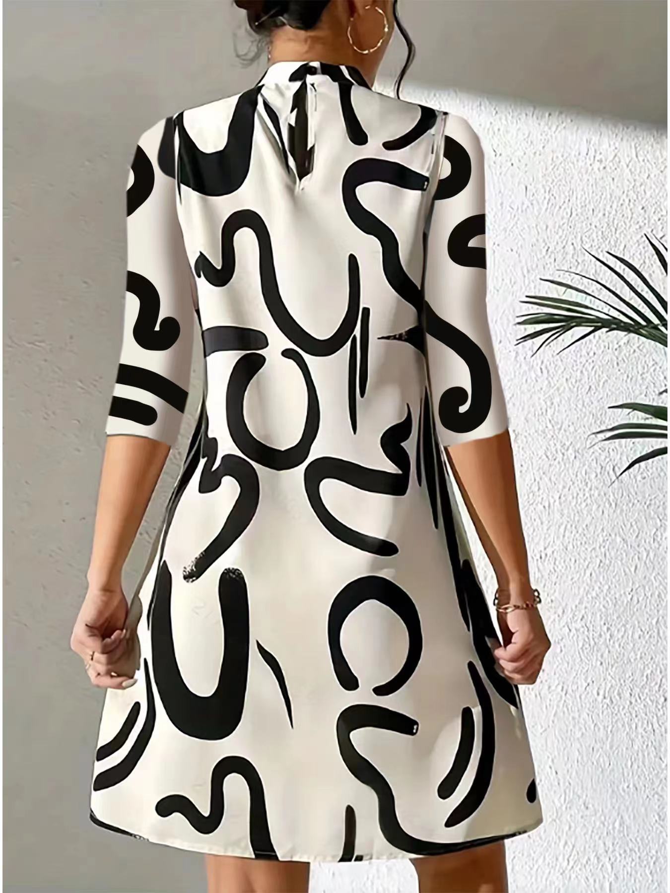 Casual Loose-Fitting Stand Collar Dress for Women | 3/4 Sleeves