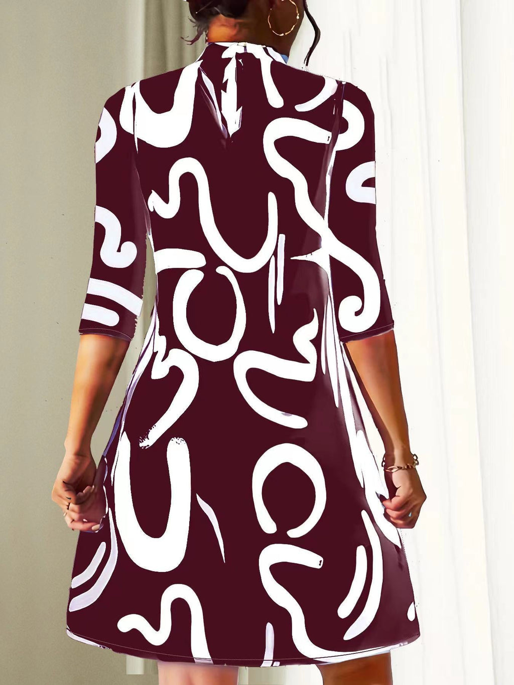 Casual Loose-Fitting Stand Collar Dress for Women | 3/4 Sleeves