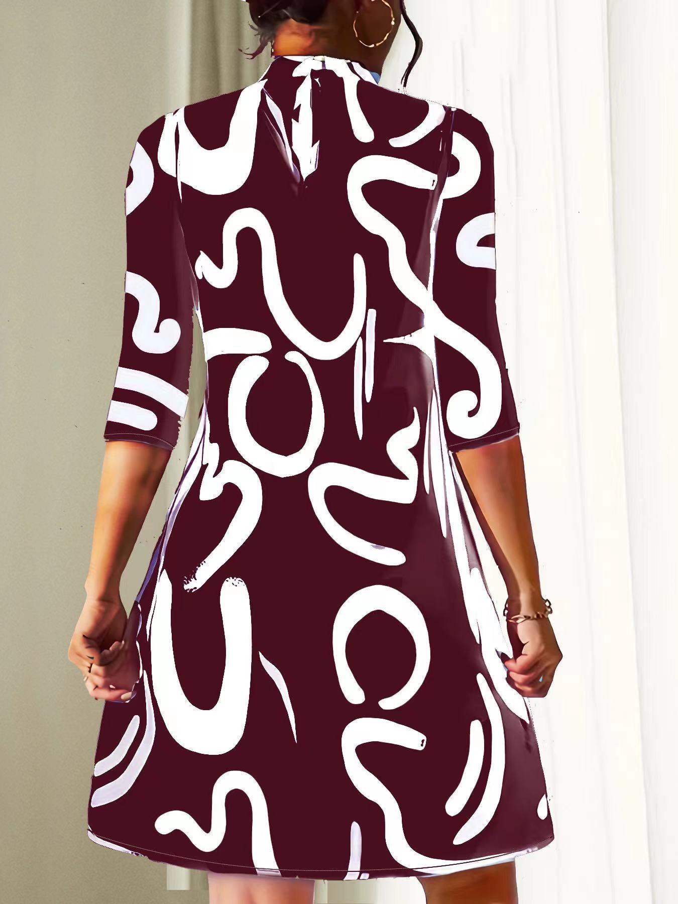 Casual Loose-Fitting Stand Collar Dress for Women | 3/4 Sleeves