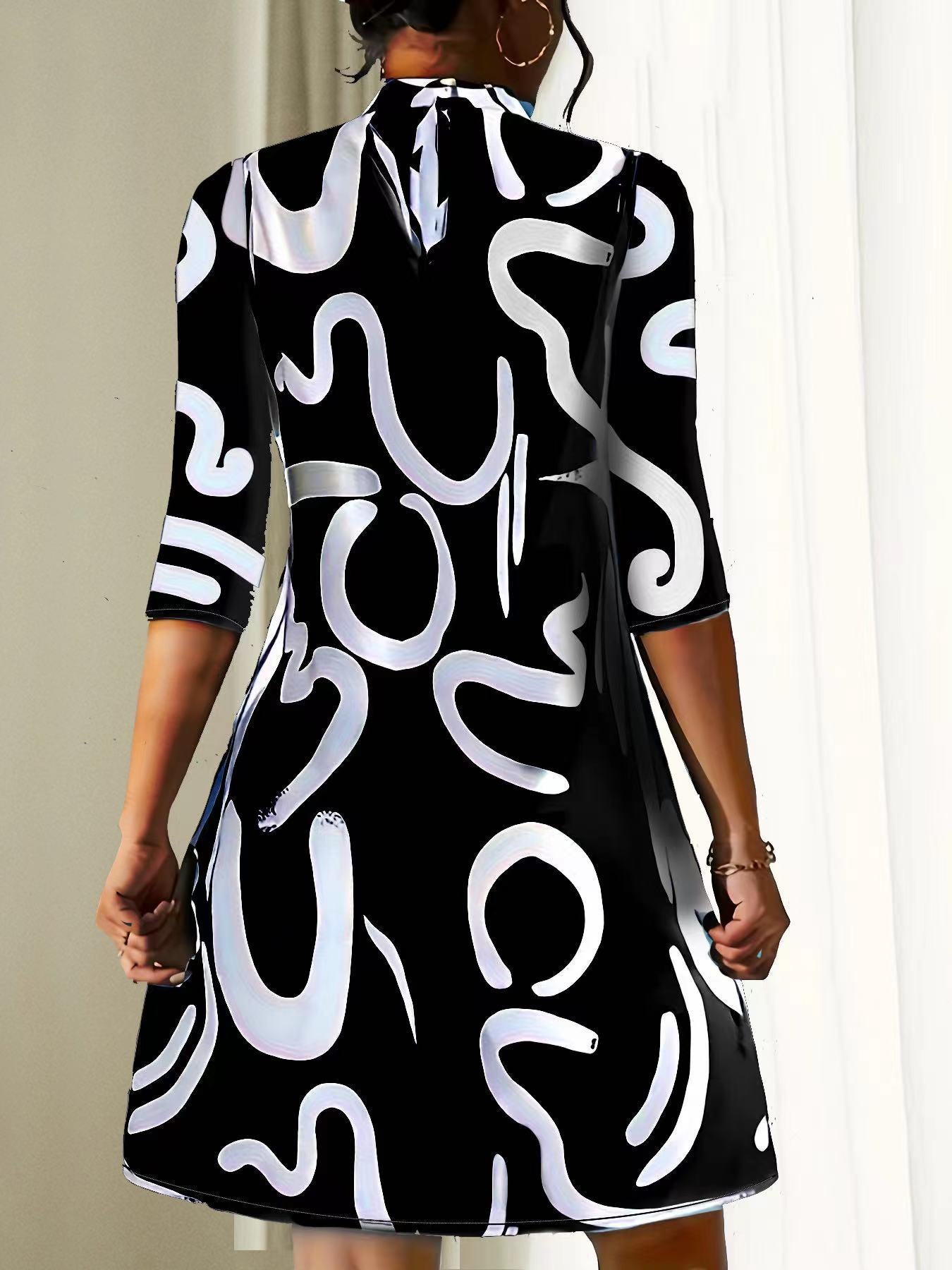 Casual Loose-Fitting Stand Collar Dress for Women | 3/4 Sleeves