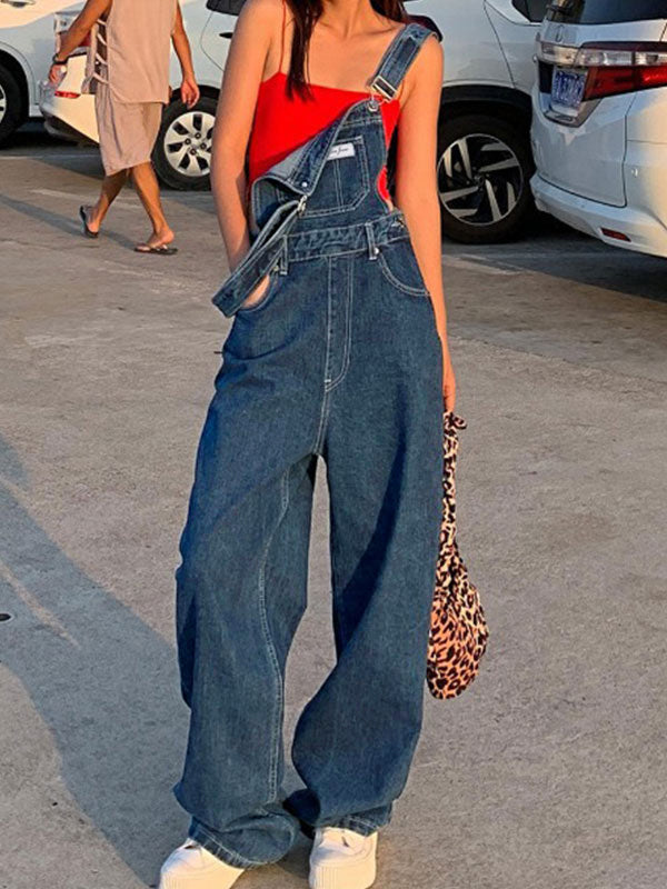 Blue Vintage Washed Effect Boyfriend Denim Overalls