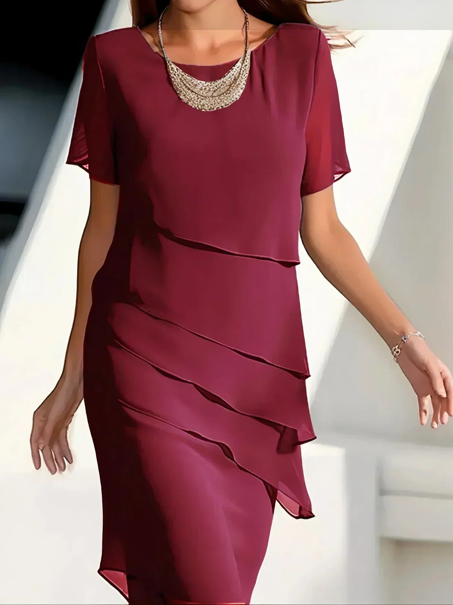 Layered Midi Cocktail Dress for Women with Short Sleeves