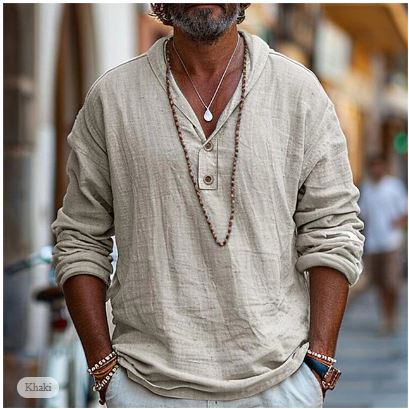 Men's Long Sleeve Linen Henley Shirt