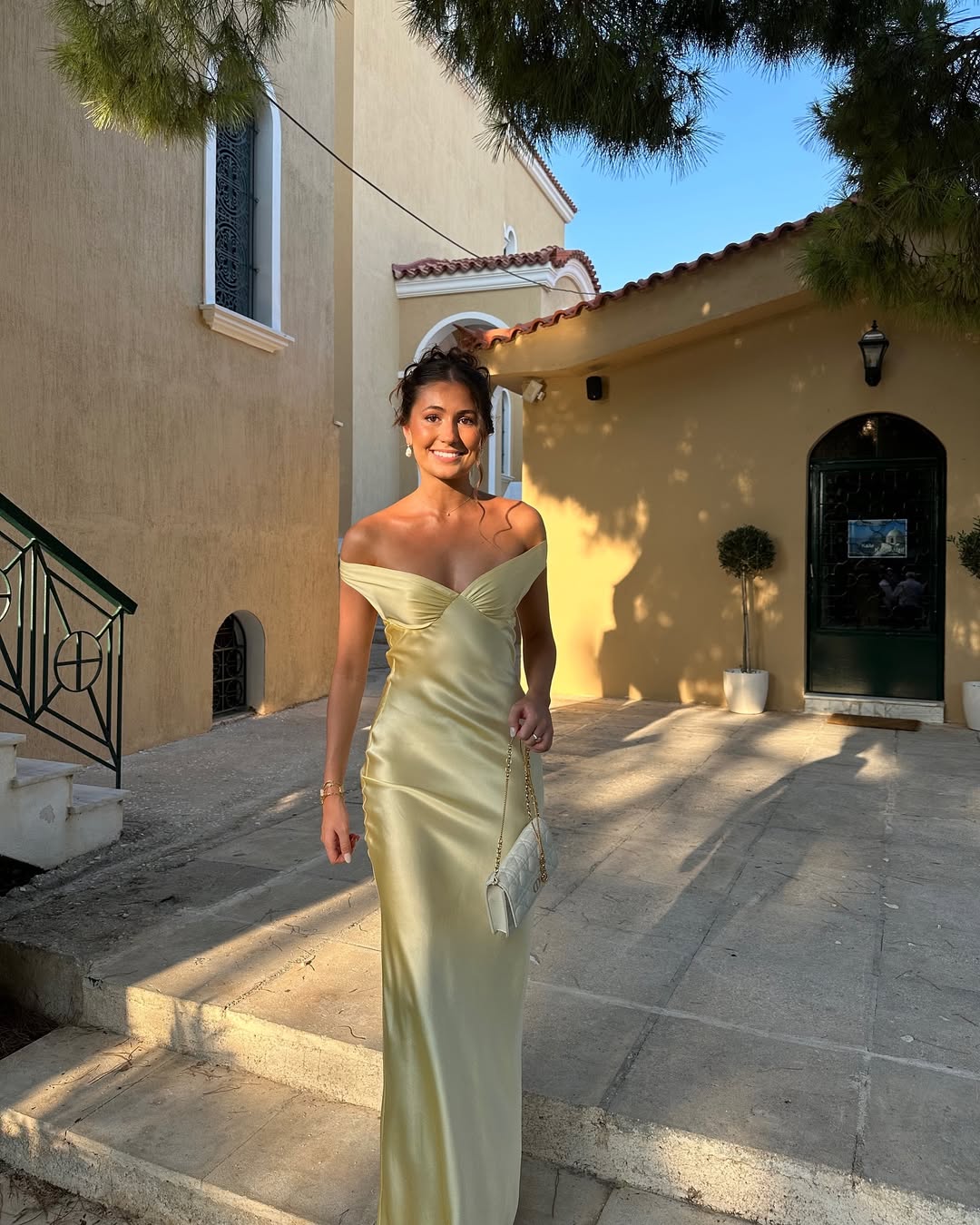 Golden Satin Maxi Dress with Off-Shoulder Design for Women - Lina