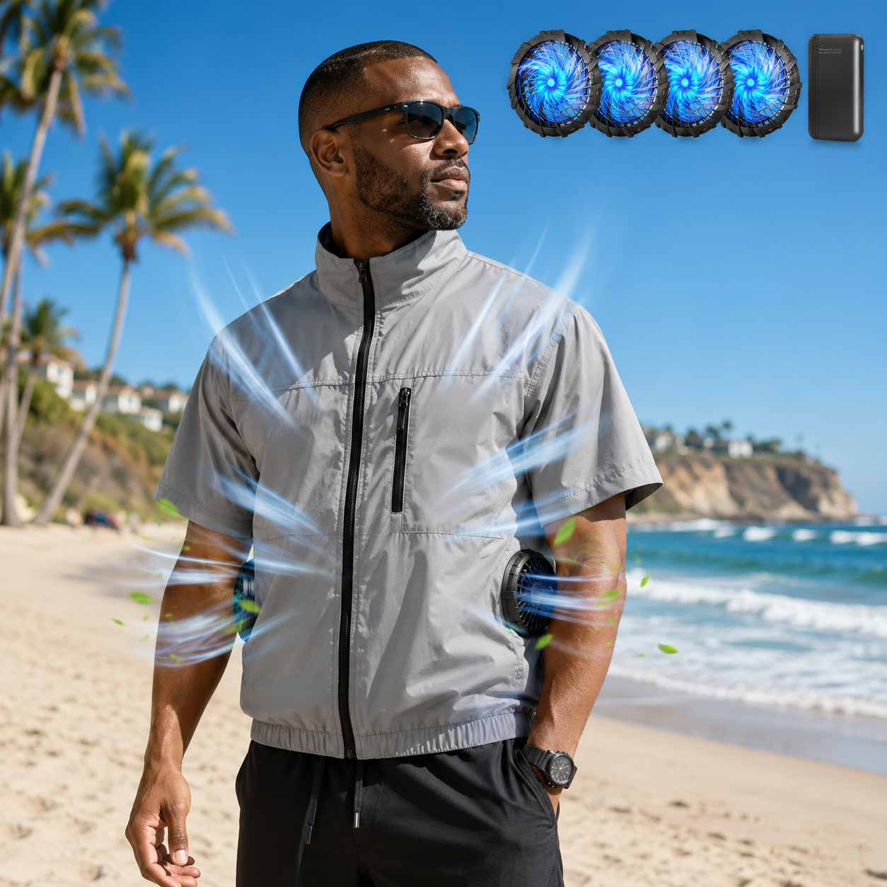 Portable Cooling Vest with Four Fans for Relief from Heat During Outdoor Activities