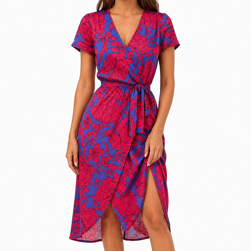 Women's Floral Print V-Neck Wrap Dress | Midi