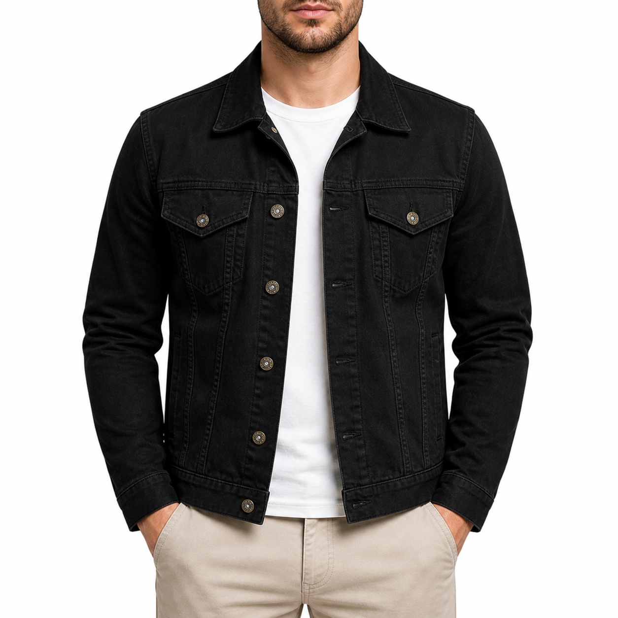 Men's Slim Fit Black Trucker Jacket | Button-Down
