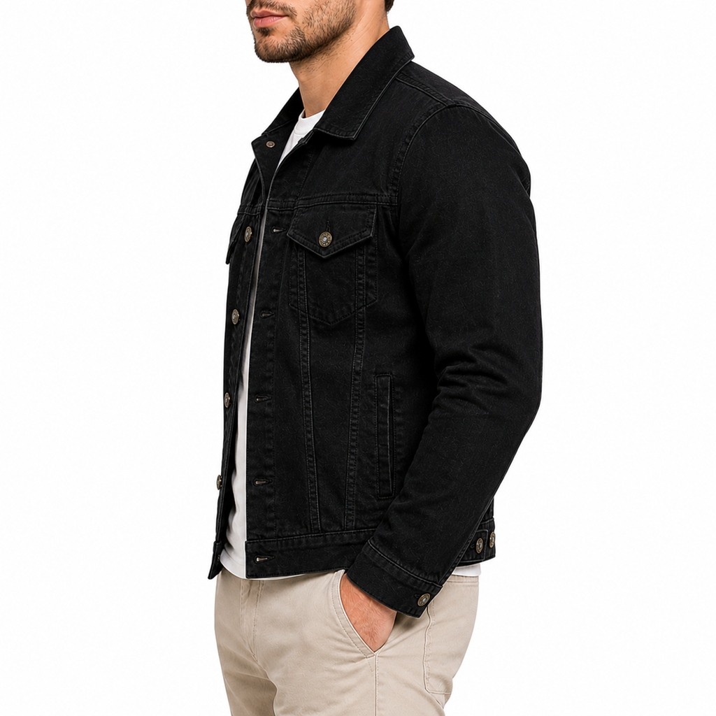 Men's Slim Fit Black Trucker Jacket | Button-Down