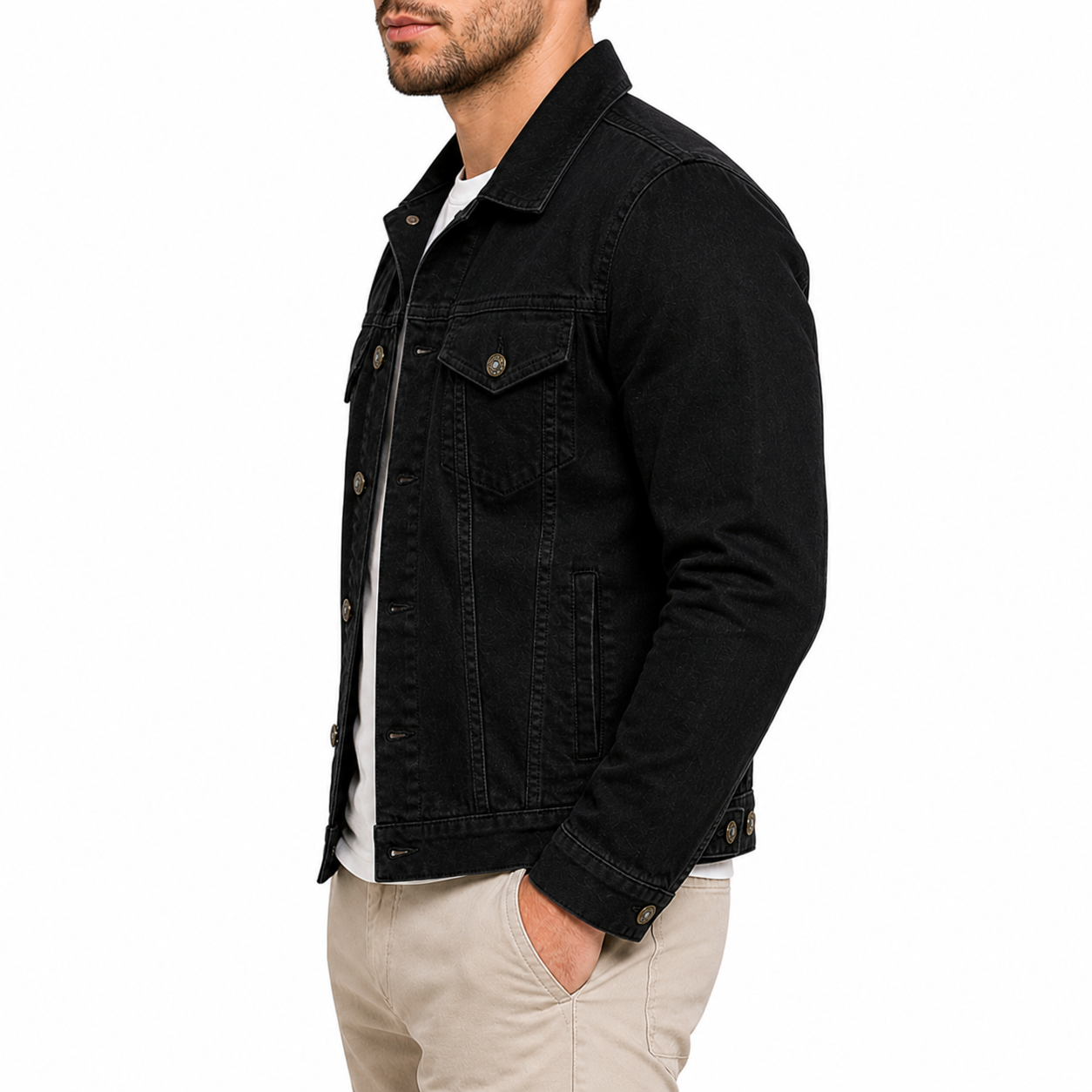 Men's Slim Fit Black Trucker Jacket | Button-Down
