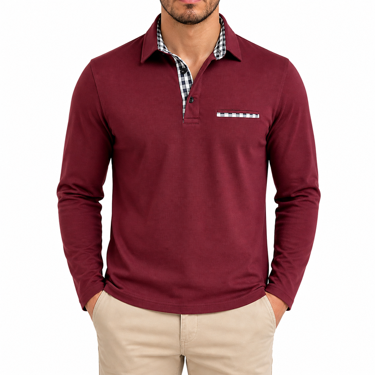 Men's Casual Long Sleeve Polo Shirt | Plaid Collar